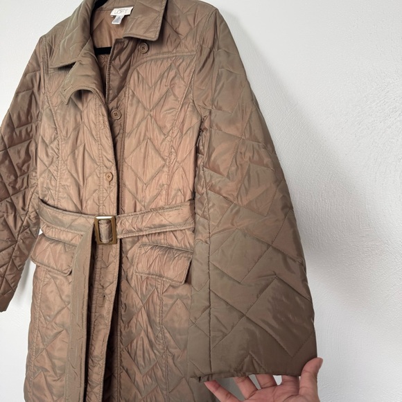 Loft Ann Taylor Quilted Trench Coat Women Medium Tan Gold Belted Button Outdoor - Picture 5 of 10